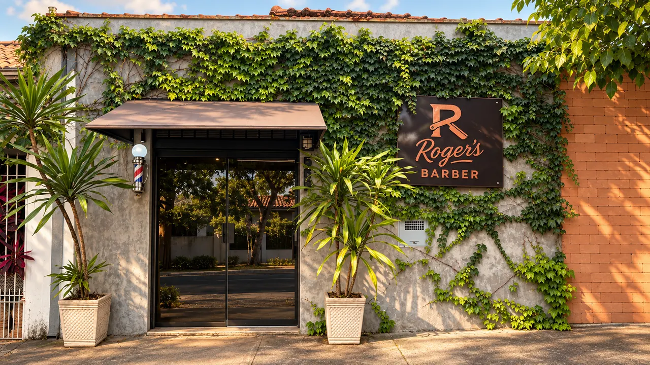 Fachada da Roger’s Barber, com entrada de vidro e vegetação na parede.